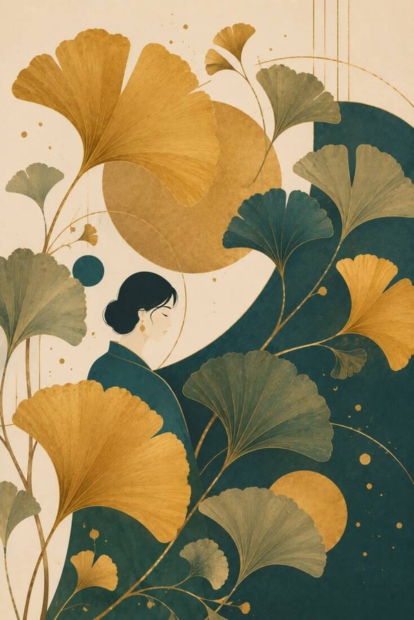 Gouden Stilte - ginkgo vrouw schilderij in blauw en goud