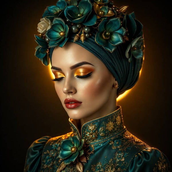 Gouden Stilte – portret schilderij met turquoise bloemen