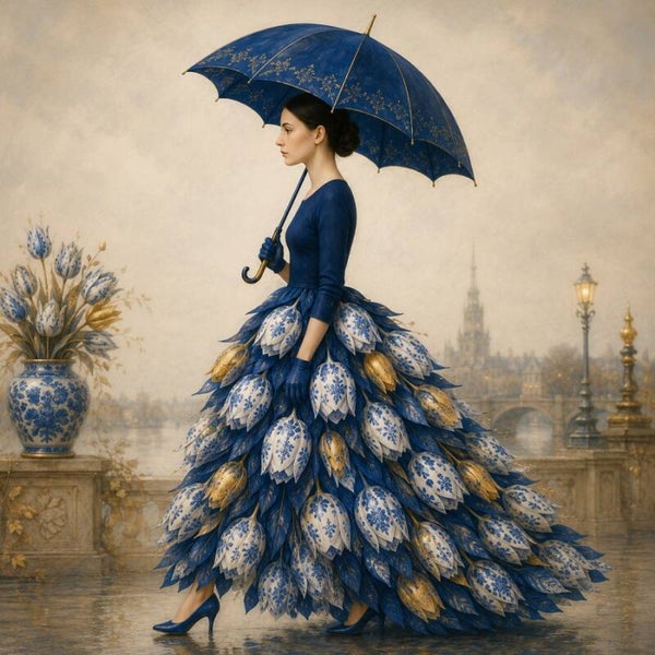 Gouden Tulpen aan de Seine – Delfts blauw kunstwerk met elegante dame