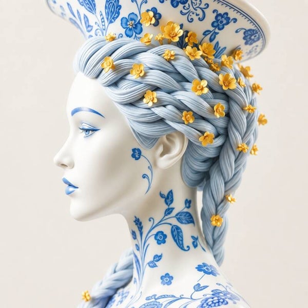 Gouden Vlecht van Delft – Delfts blauw vrouwenportret met gouden bloemen