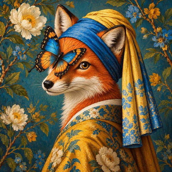 Gouden Vos met Parel – vos schilderij met vlinder in blauw en okergeel
