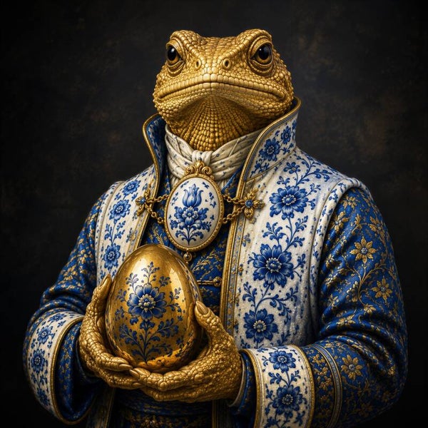 Gouden Wachter – hagedis met gouden ei in Delfts blauw kostuum