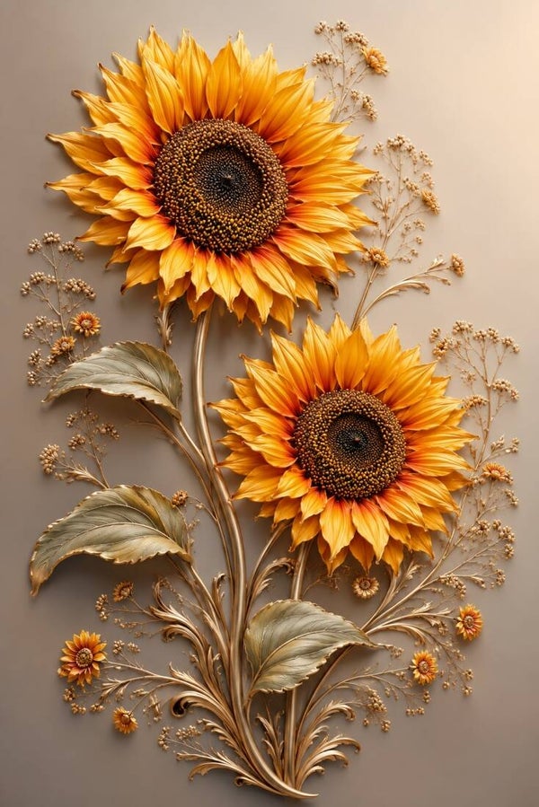 Gouden Zonnebloemen – landelijk schilderij met zonnebloemen