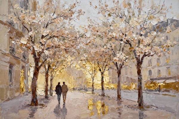 Goudlicht in de Laan – schilderij met bloesembomen en stadsromantiek