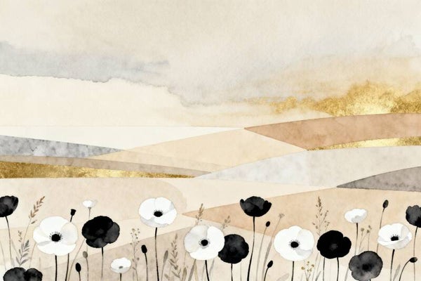 Goudlijn – bloemen schilderij met zwarte en witte accenten