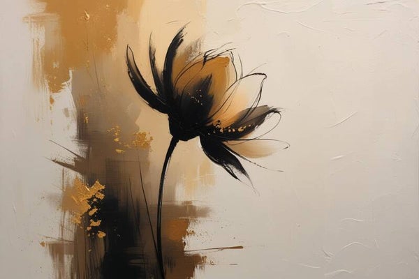 Goudstofbloei – abstract bloemenschilderij met goudaccenten in beige en zwart