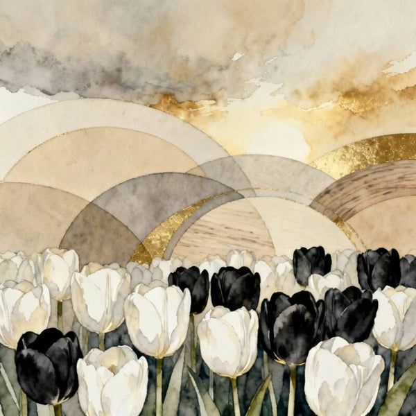 Goudvallei – schilderij met zwarte en witte tulpen in gouden avondlicht
