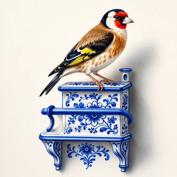 Goudvink op Delfts Blauw Fonteintje – vogel schilderij met Hollandse charme