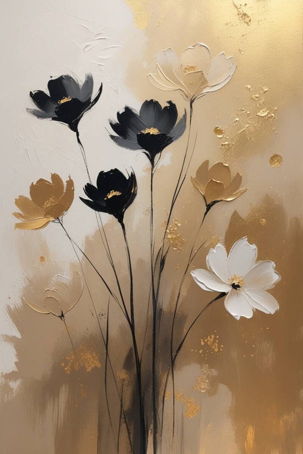 Goudzachte Bloemen – abstract bloem schilderij in zwart, wit en goud