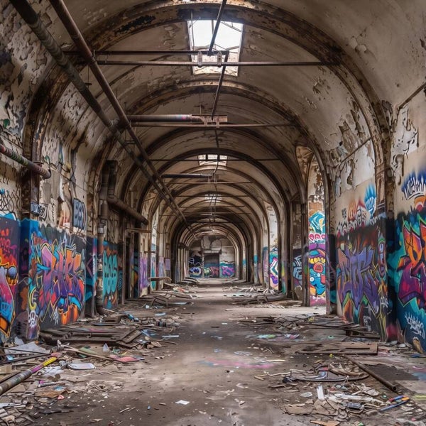 Bogen vol Kleur – Industrieel schilderij met graffiti in verlaten fabriek
