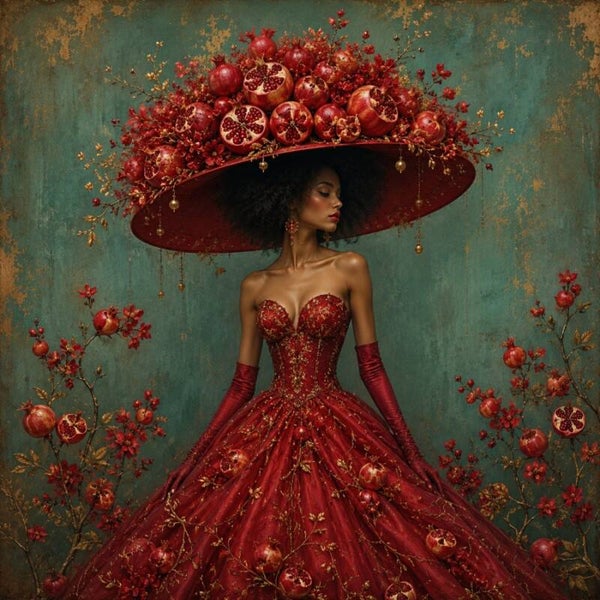 Granatessa – vrouw schilderij met granaatappeljurk