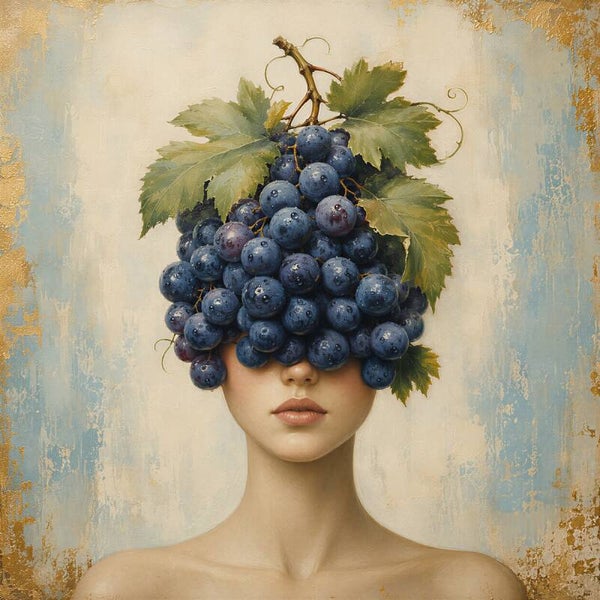Grape Muse – vrouw met blauwe druiven en gouden accenten