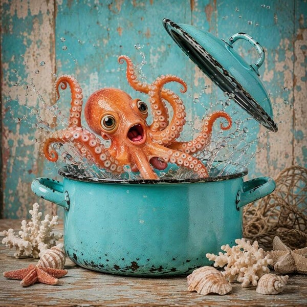 Tentakelpaniek – grappig schilderij met octopus in vintage emaille pan