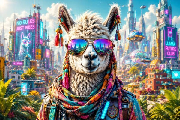Llama Future Club – kleurrijke lama met zonnebril schilderij