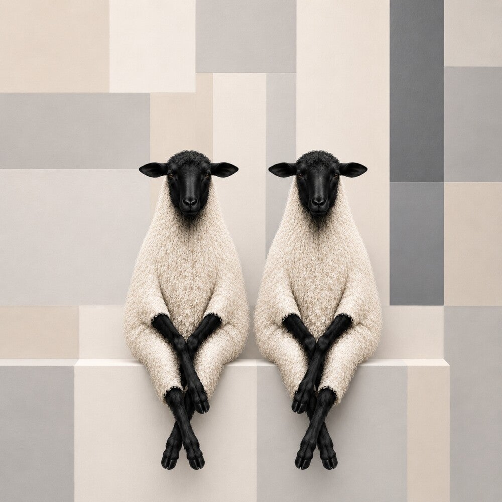 Grijze Gezellen – modern schapen schilderij in rustige tinten