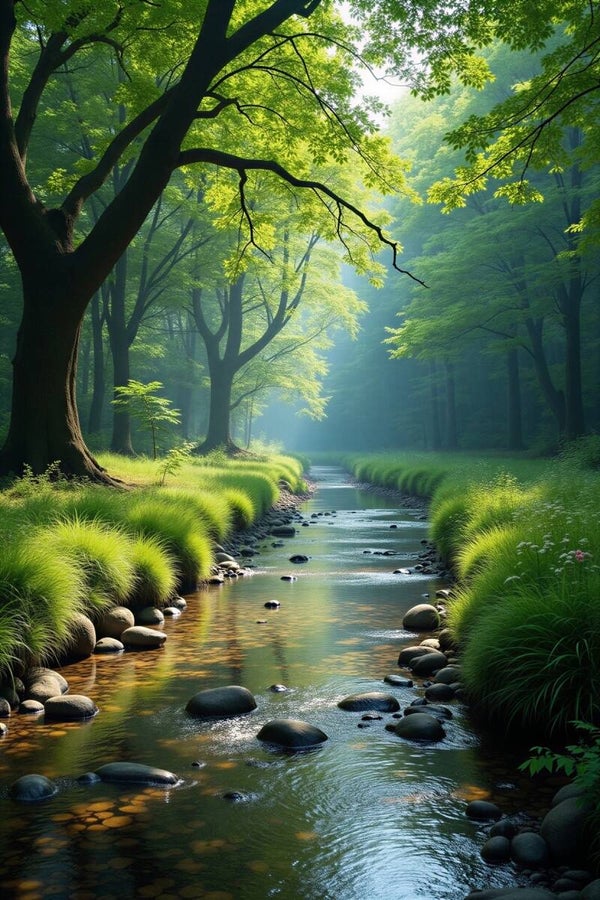 Bosbeek Rust – schilderij met stromend water, bomen en groen licht