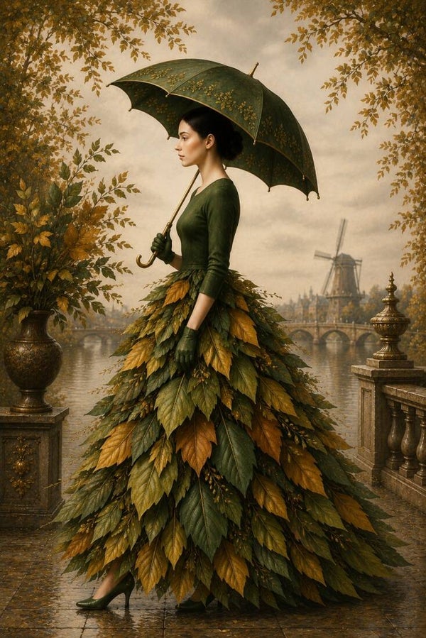 Groen Getij – botanisch vrouw schilderij met bladerenjurk