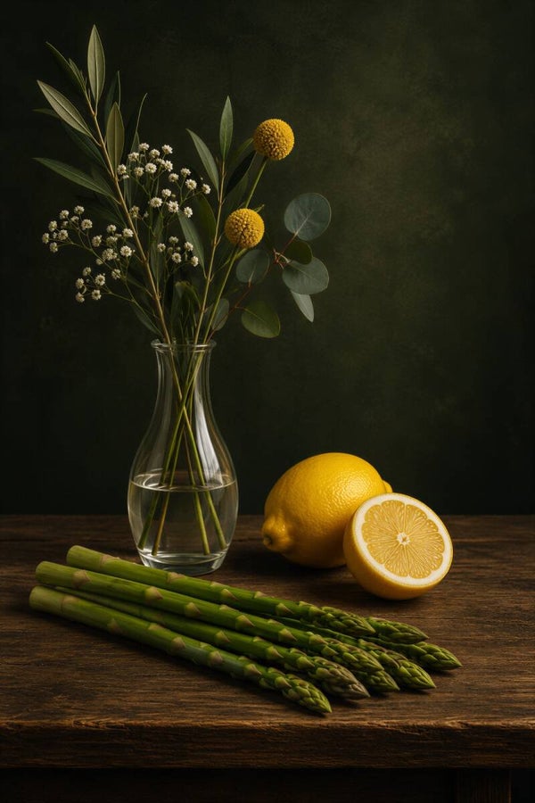 Groen & Goud – keuken schilderij met asperges, citroen en bloemen