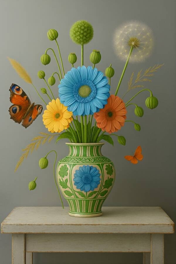 Landelijke Delfts Blauw Vaas – schilderij met groene accenten en bloemen