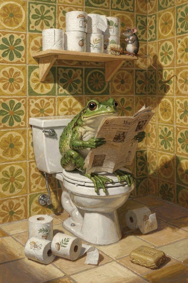 Groene Gedachten – schilderij met kikker op toilet
