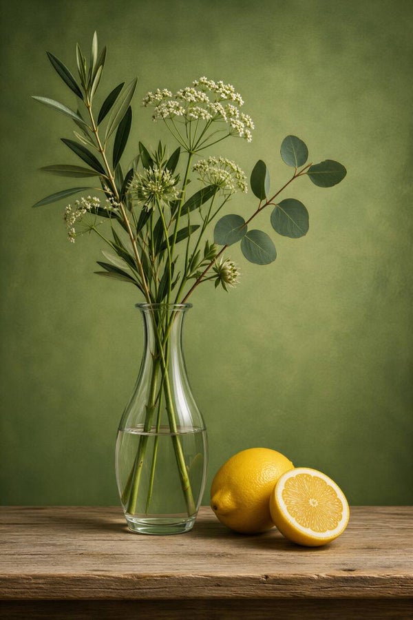 Groene Harmonie – botanisch schilderij met citroen en glazen vaas