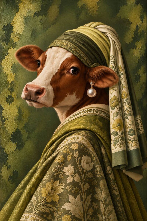 Groene Hofparel – koe schilderij met parel in mosgroen