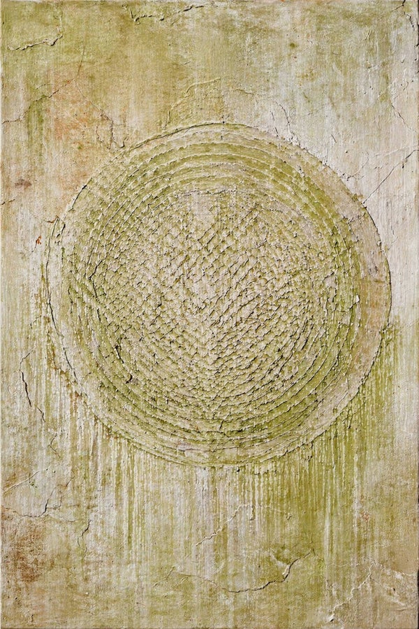 Groene Kern – abstract schilderij met cirkel in landelijk boho stijl