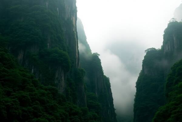 Nevel tussen de Bergen – Mystieke Natuurprint met Diepgroene Kliffen