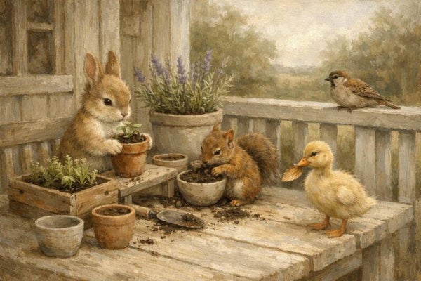 Groene Pootjes – schilderij met konijn, eekhoorn en eend in landelijke tuinsfeer