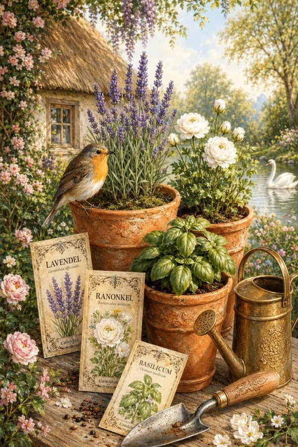 Groene Stilte aan het Water – schilderij tuin bloemen en vogel