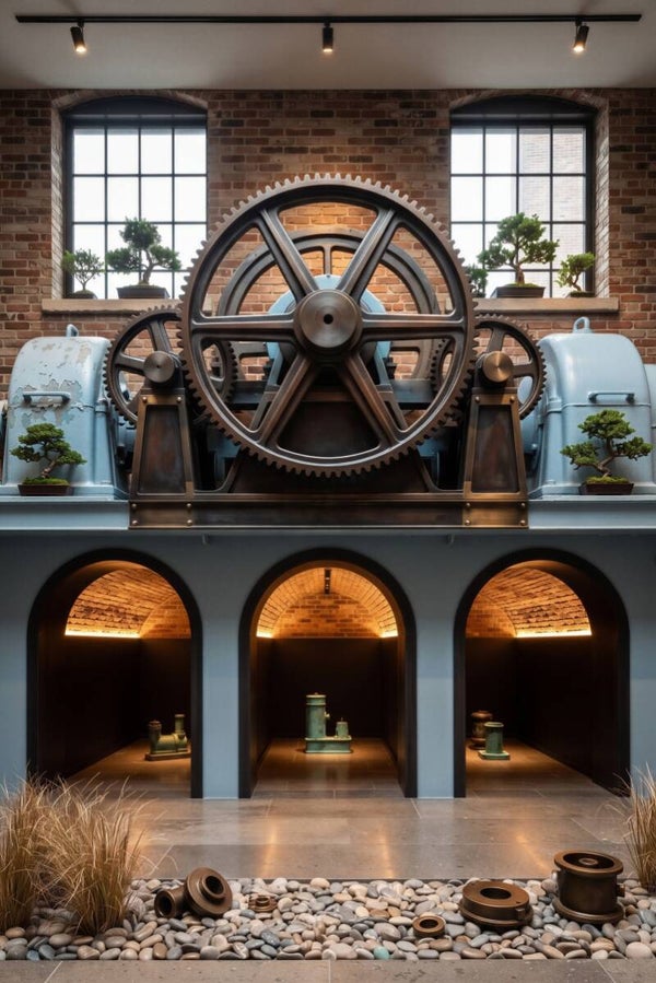 Mechaniek in Balans – Industrieel tandwiel met bonsaibomen