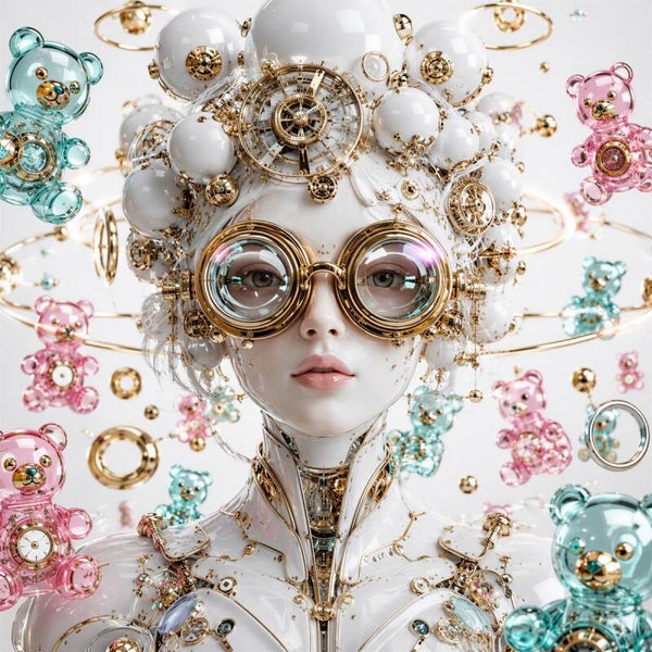 Cyber Harajuku Synth - Luxe Kawaii Gynoid Schilderij met Gummyberen en Klokken