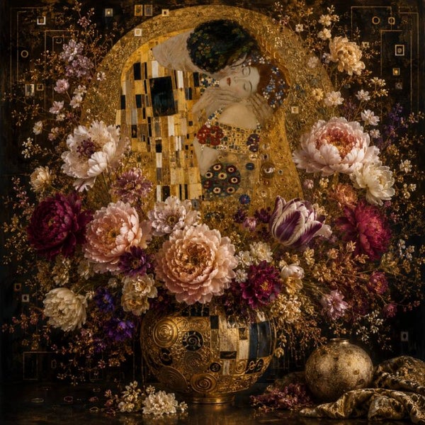 Weelderige Kus - Bloemenstilleven in Klimt Stijl Wanddecoratie