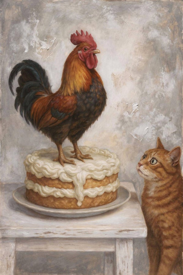De Zoete Wachter – haan schilderij landelijk met kat en taart