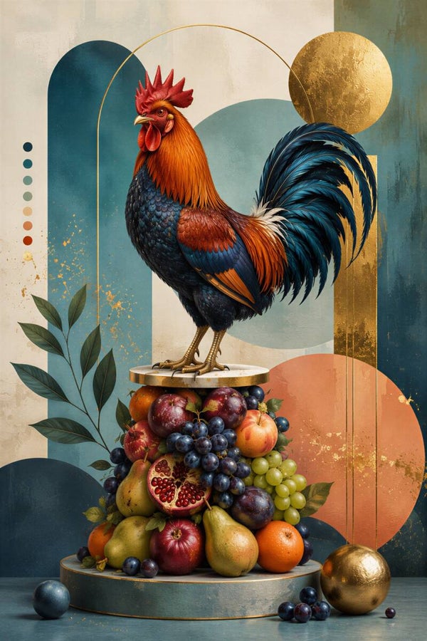 Gouden Oogst – Abstract haan schilderij met kleurrijk fruit en druiven