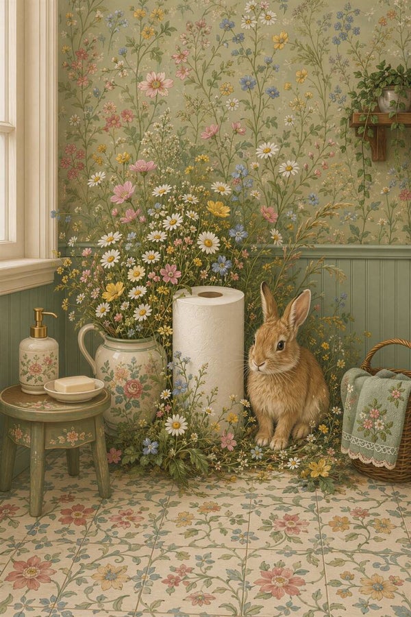 Rust tussen de Veldbloemen – schilderij haasje in vintage badkamer met bloemen