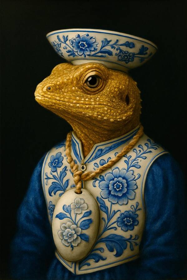 Het Stille Portret van de Hagedis – Delfts blauw schilderij oude stijl