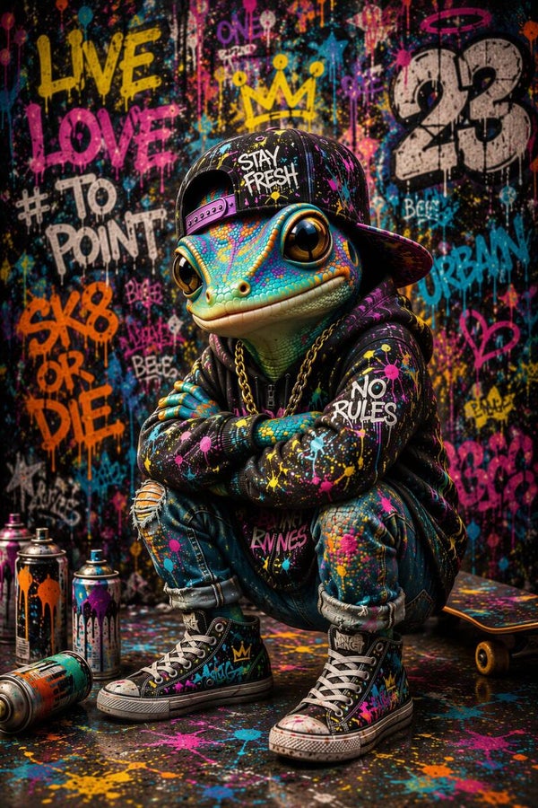 Fresh Rebel – kleurrijk gecko schilderij met skateboard en pet