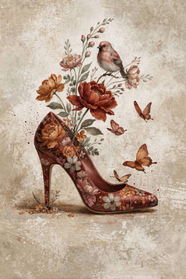 Floral Elegance – schilderij hak schoen met bloemen, vlinders en vogel