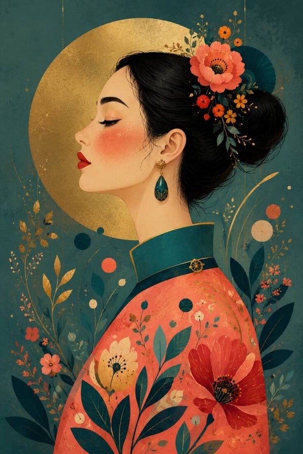 Hanamori – vrouw portret met bloemen en gouden maan