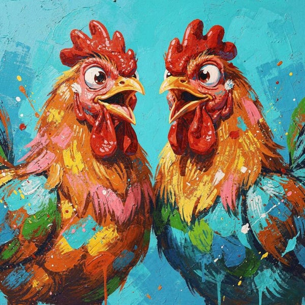 Kakelduo in Kleur – schilderij hanen kleurrijk en expressief