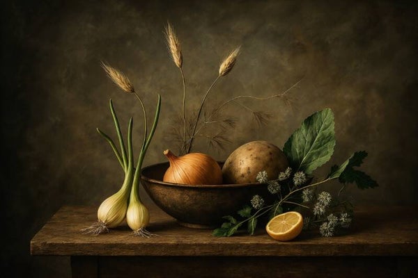 Harvest Table – landelijk keuken stilleven met groenten en kruiden