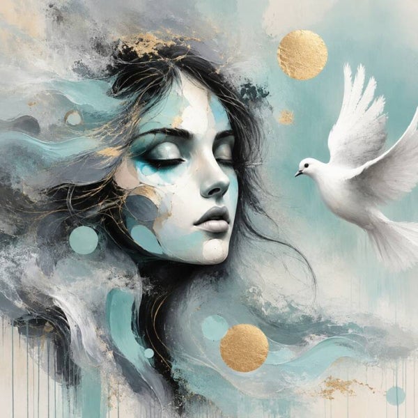 Hemelstilte – abstract vrouw schilderij met witte duif