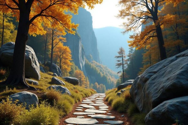 Het Gouden Bergpad – herfst landschap schilderij bergen pad natuur rust