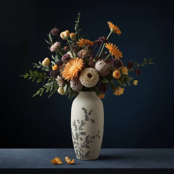 Herfstgloed in Stilte – schilderij met warme bloemen in crèmekleurige vaas
