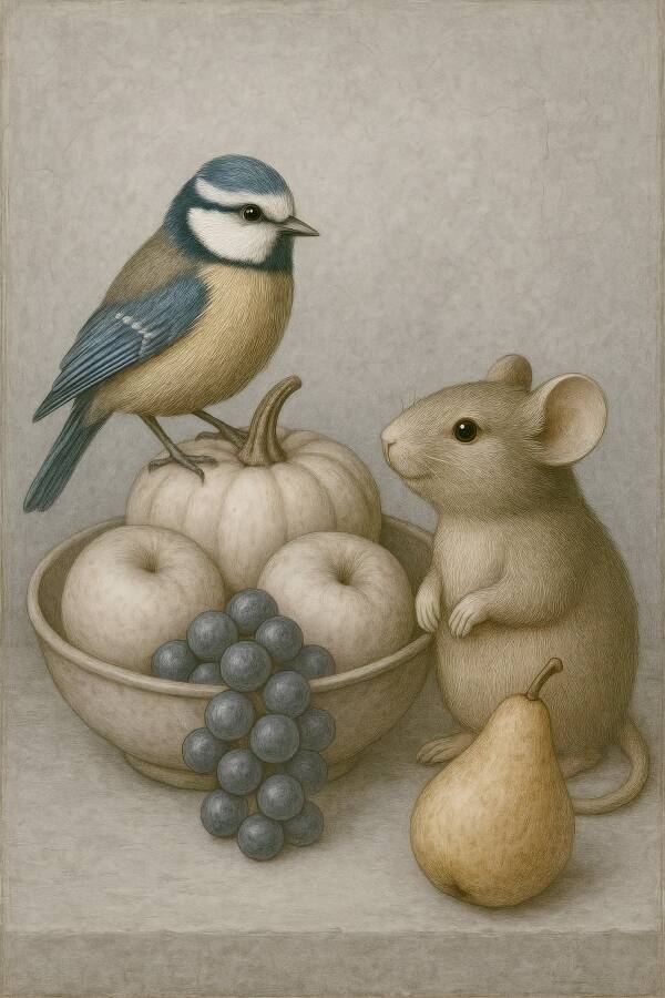 Oude charme – schilderij muis, koolmees en fruit