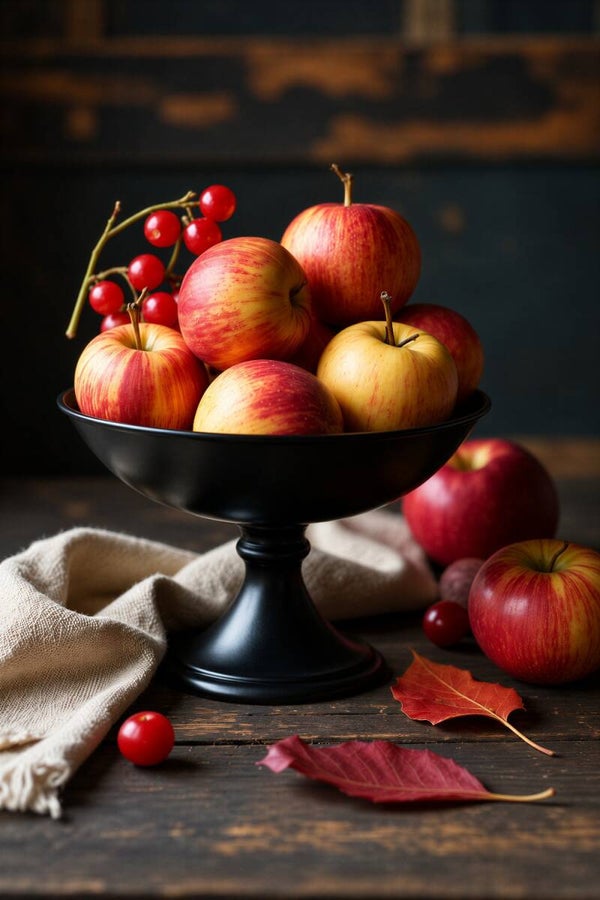Herfstoogst – stilleven schilderij met rode appels en herfstbladeren