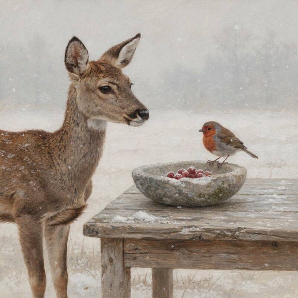 Winterrust – hert en roodborstje schilderij, landelijke stijl