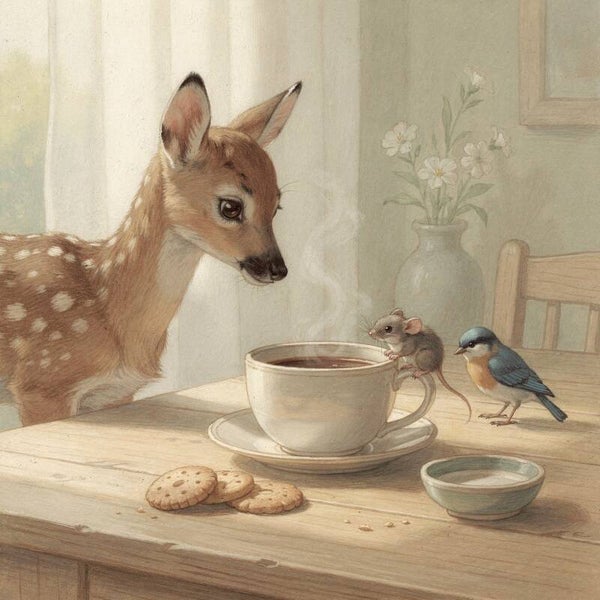 Samen aan tafel – hert schilderij met vogel en muis in zacht ochtendlicht
