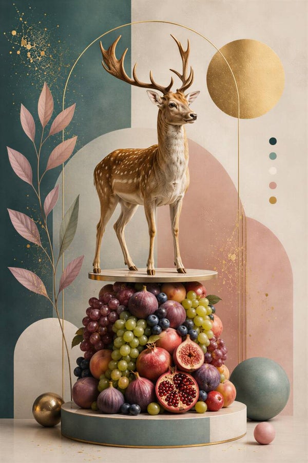 Hert van Overvloed – abstract schilderij hert fruit groen roze goud